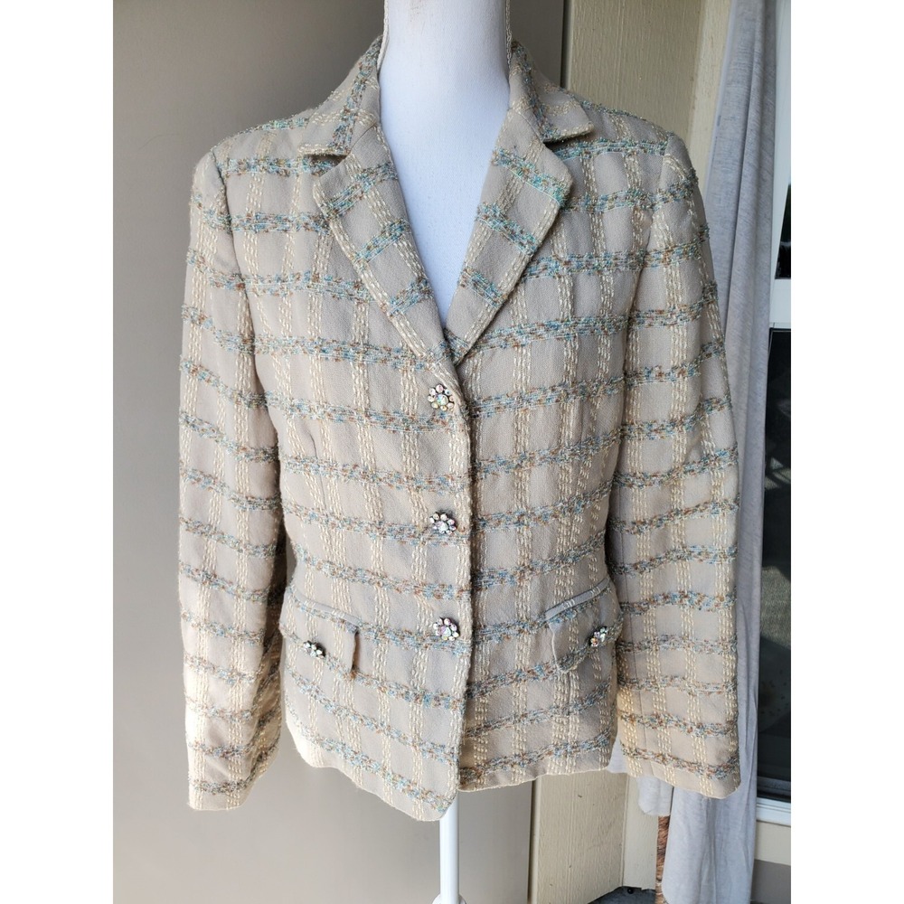 Fundamental‎ Things Jacket Womens 12 Tweed Blazer Shiny Broach Buttons Elegant